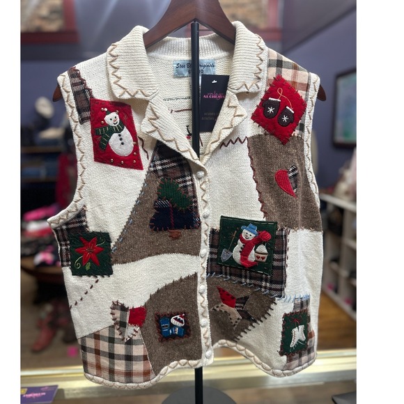 Star Blue Originals Studio Jackets & Blazers - 90s Star Blue Originals Cream Brown Storybook Winter Snowman Patchwork Vest XL